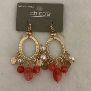 Chico's Gold Hoop Earrings with Coral and Pearl Drops